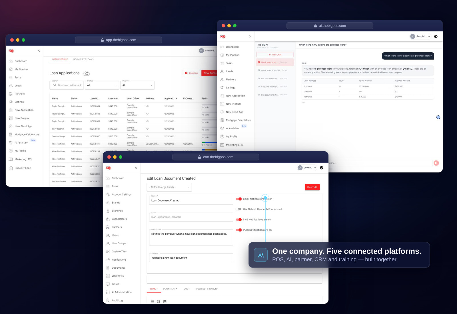 MAT product family: BIG POS pipeline, BIG AI assistant and Little CRM notification administration